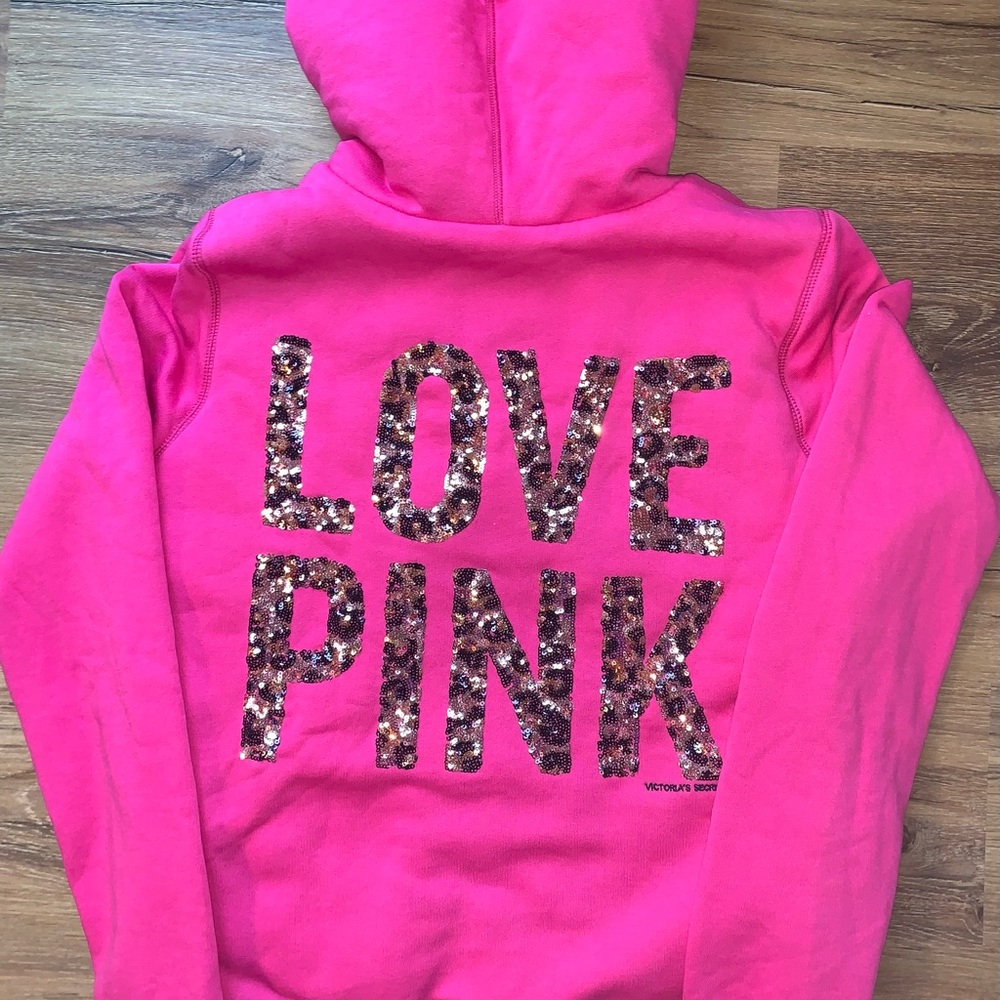 VS Pink Sequin Bling Cheetah Leopard Fur Lined  Full Zip Hoodie Size Large